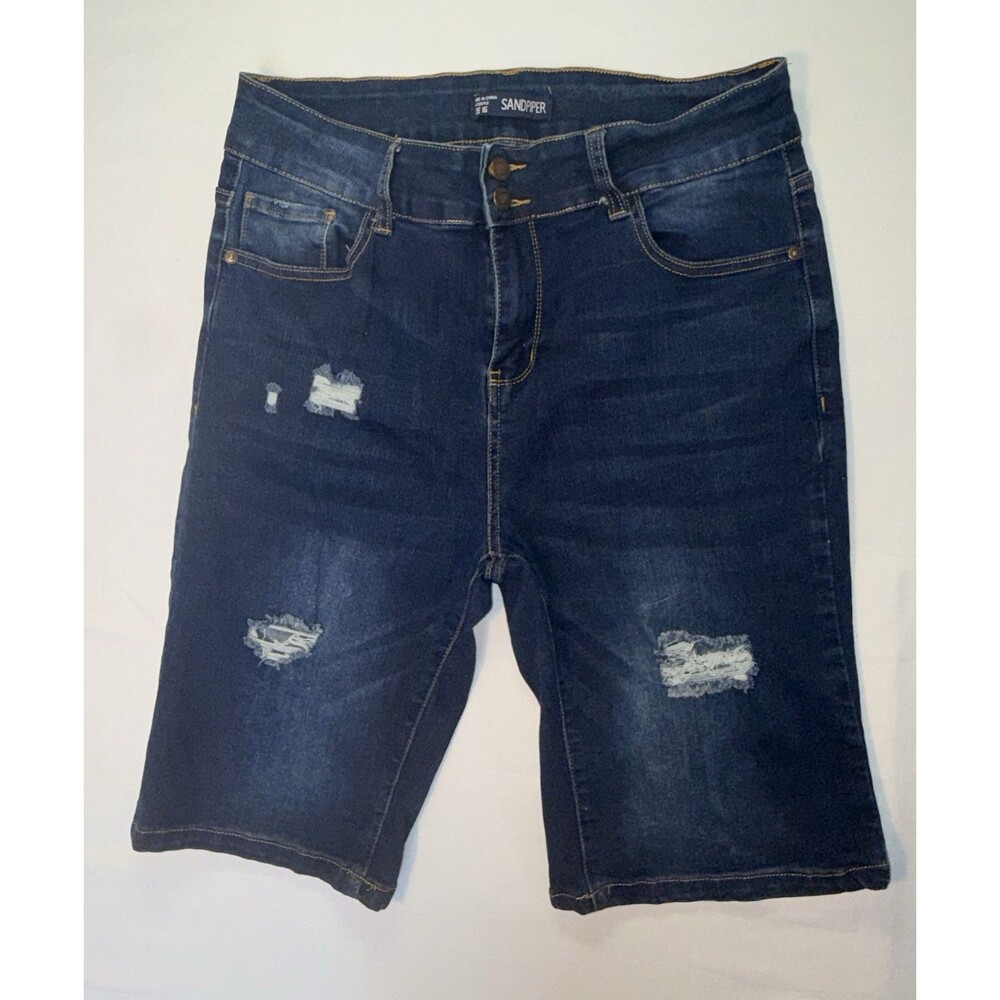 Sandpiper Women’s Size 16 Bermuda Jean Shorts Dark Wash Distressed Stretch Denim